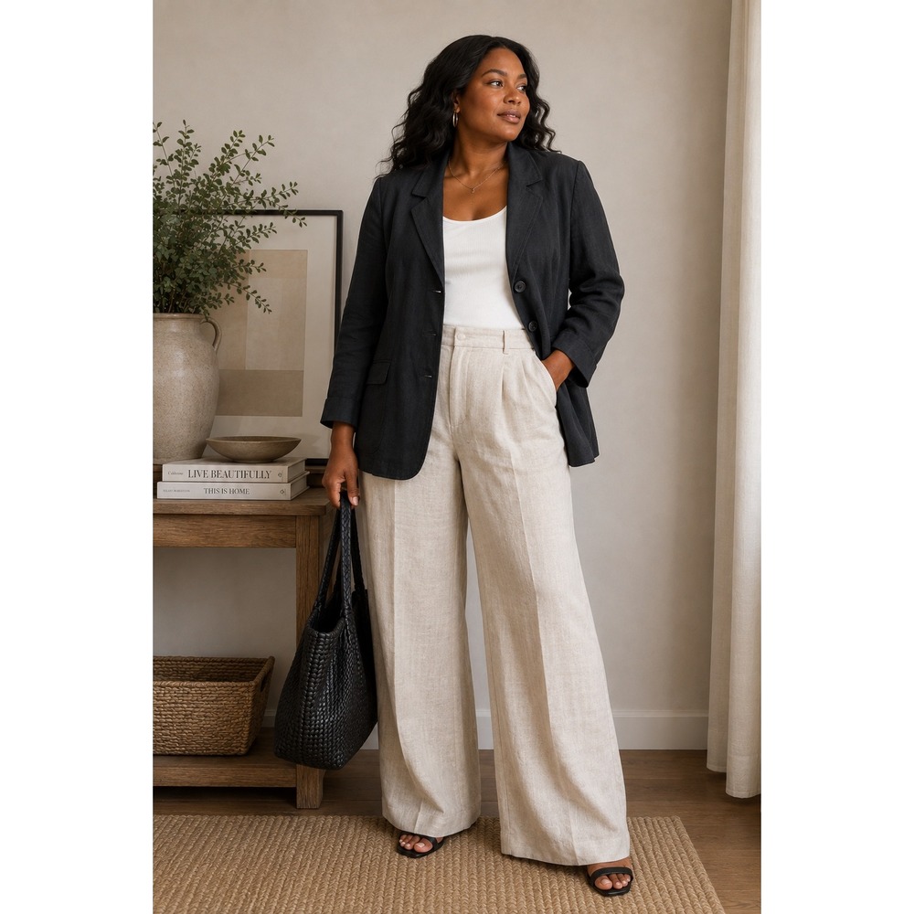 Vintage Blazer Women Large Black Linen Blend Button Front Minimalist Career